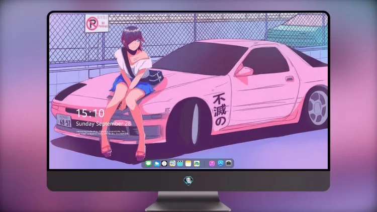 
女孩和她的汽车粉色地平线的复古合成波氛围